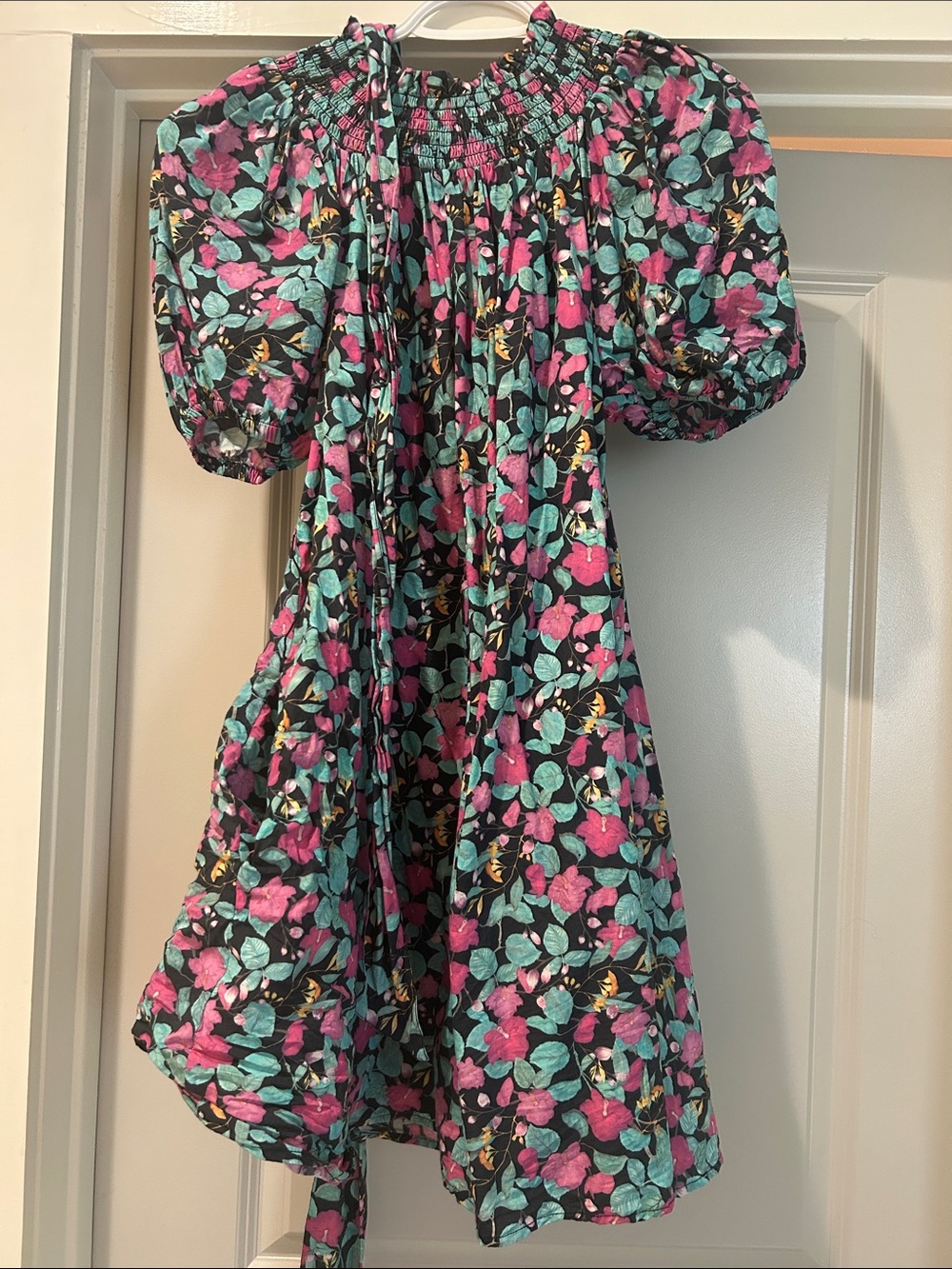 Roller Rabbit Black Floral Puff-Sleeve Mini Dress with Pink and Teal Flowers